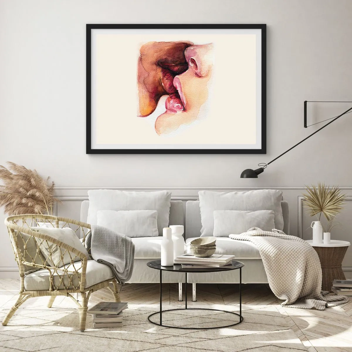 Póster en marco negro - Una pintura de acuarela de un primer plano de un rostro. - 70x50cm - Como la noche y el día, la tierra y el cielo - Decoración de pared moderna para salón y dormitorio ARTTOR