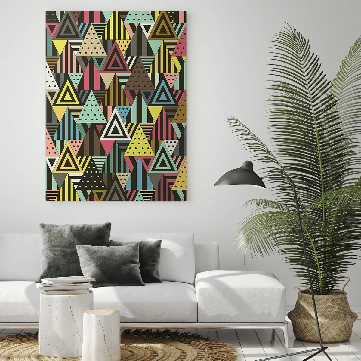 Cuadro sobre vidrio - Impresiones sobre Vidrio - Patrón geométrico colorido con triángulos y líneas. - 80x120cm - A ritmo de triángulo - Decoración de pared moderna para salón y dormitorio ARTTOR
