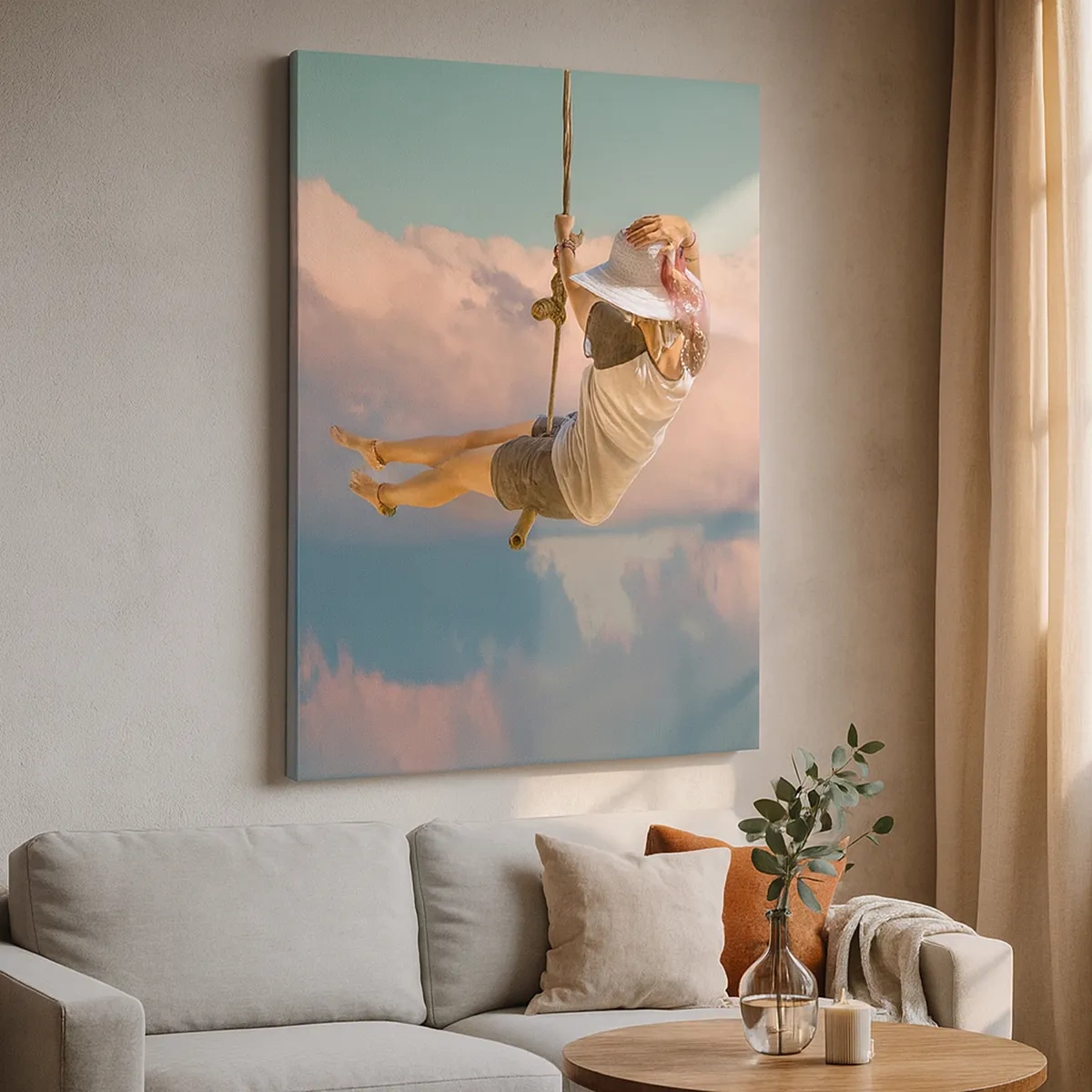 Cuadro sobre lienzo - Impresión de Imagen - Mujer en un columpio entre nubes rosas - 50x70cm - Jugando en las nubes - Decoración de pared moderna para salón y dormitorio ARTTOR