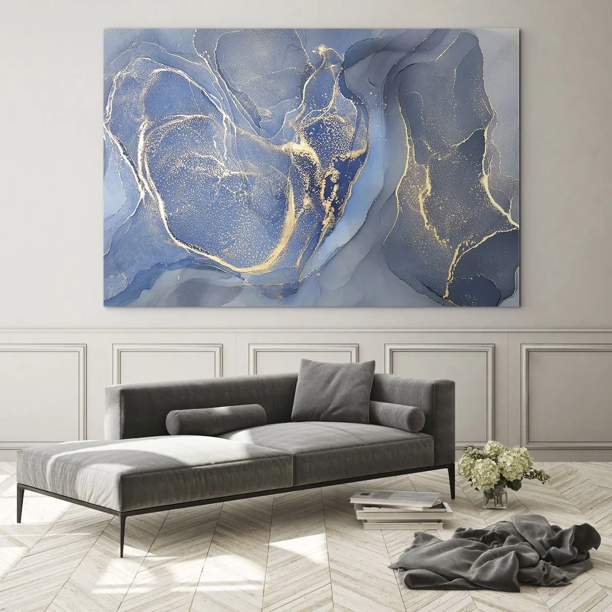 Cuadro sobre vidrio - Impresiones sobre Vidrio - Una composición abstracta en tonos azul marino y dorado. - 70x50cm - Polvo de oro - Decoración de pared moderna para salón y dormitorio ARTTOR