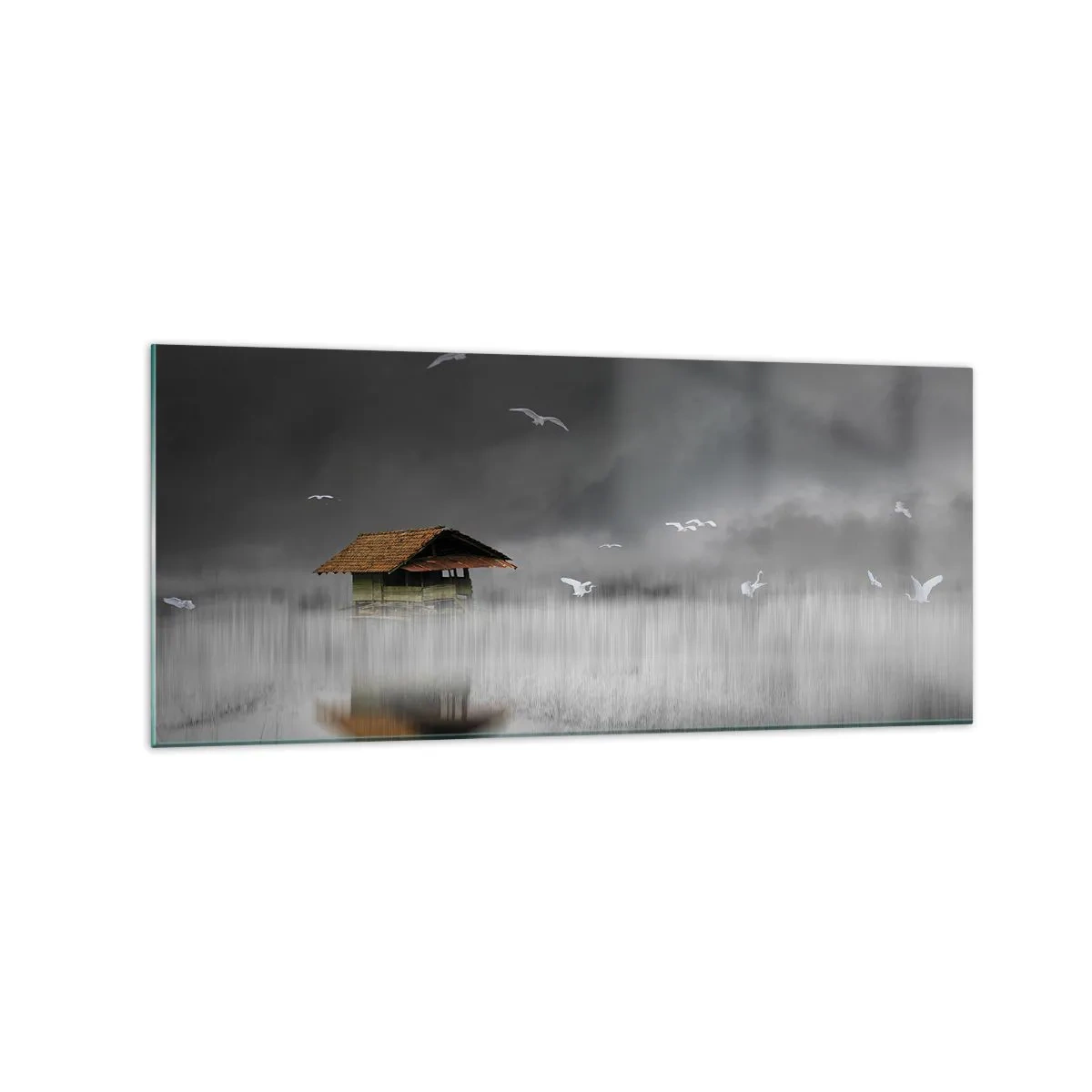 Cuadro sobre vidrio - Impresiones sobre Vidrio - Una cabaña solitaria sobre el agua rodeada de niebla y pájaros. - 120x50cm - Resguardo de la lluvia - Decoración de pared moderna para salón y dormitorio ARTTOR