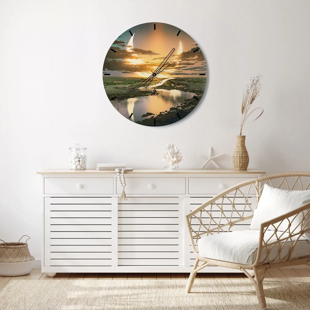 Reloj de pared - Reloj de vidrio - Paisaje con dos lunas contra el sol poniente - 30x30cm - En algún lugar de una galaxia muy, muy lejana - Decoración de pared moderna para salón, cocina y dormitorio ARTTOR