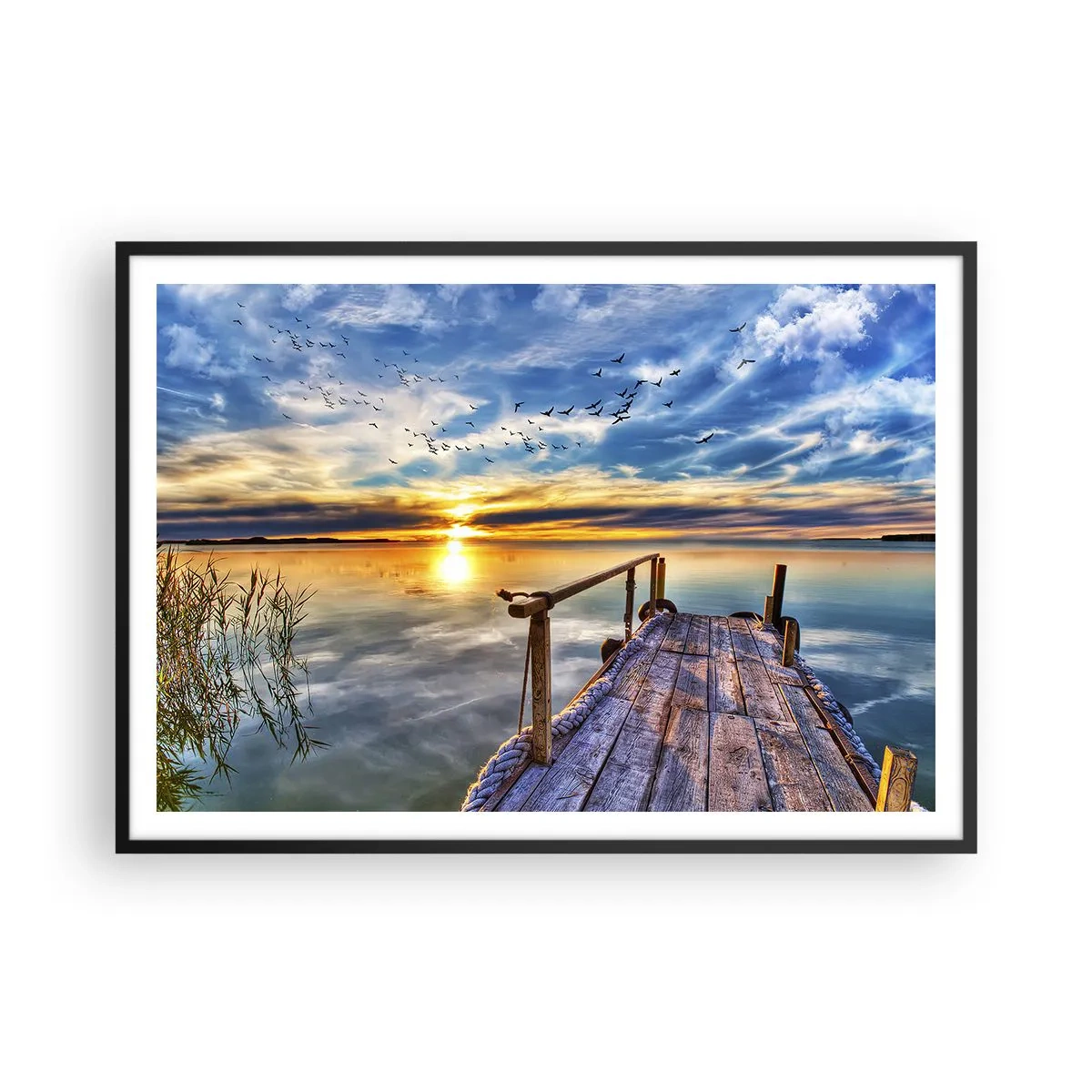 Póster en marco negro - Muelle de madera sobre el lago al atardecer - 100x70cm - El viento se va a descansar - Decoración de pared moderna para salón y dormitorio ARTTOR
