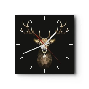 Reloj de pared - Reloj de vidrio - Ciervo poligonal geométrico sobre fondo negro - 30x30cm - Ciervo cubista - Decoración de pared moderna para salón y dormitorio ARTTOR