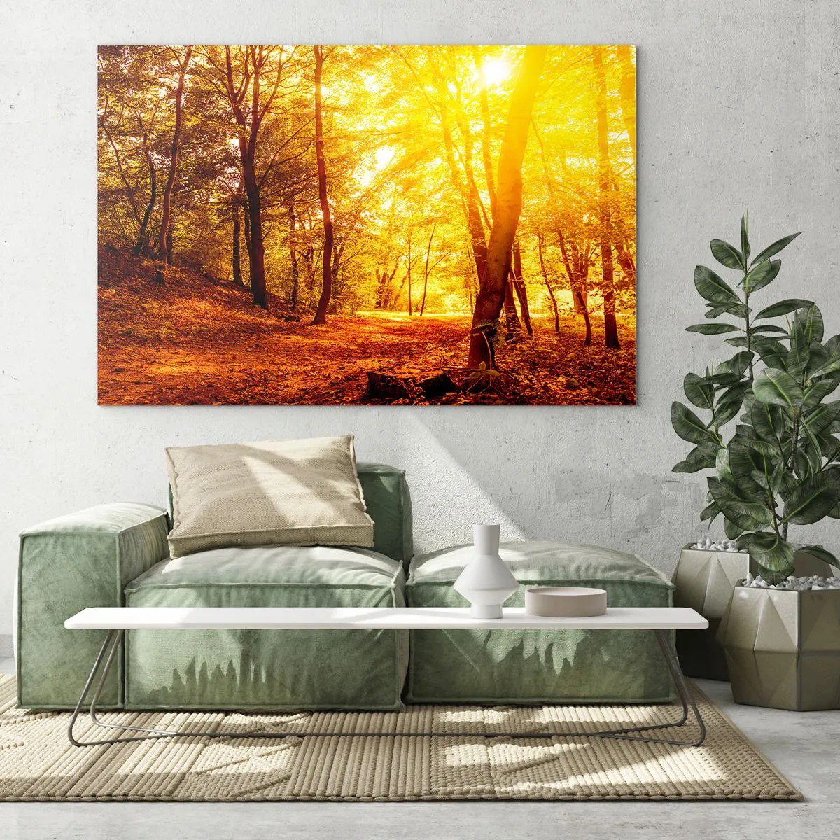 Cuadro sobre vidrio - Impresiones sobre Vidrio - Bosque otoñal iluminado por el cálido resplandor del sol. - 70x50cm - Hacia un claro de oro - Decoración de pared moderna para salón y dormitorio ARTTOR