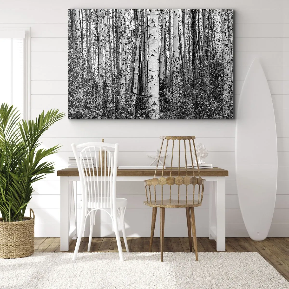 Cuadro sobre lienzo - Impresión de Imagen - Abedules blancos y negros en el bosque - 120x80cm - Columnas de abedules - Decoración de pared moderna para salón y dormitorio ARTTOR