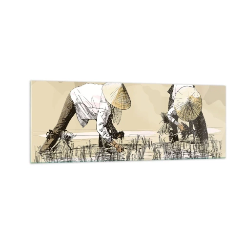 Cuadro sobre vidrio - Impresiones sobre Vidrio - Agricultores trabajando en un campo de arroz con sombreros tradicionales - 140x50cm - De una cosecha exitosa - Decoración de pared moderna para salón y dormitorio ARTTOR
