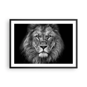 Póster en marco negro - Retrato de un majestuoso león en blanco y negro - 70x50cm - Con el atuendo de la coronación - Decoración de pared moderna para salón y dormitorio ARTTOR