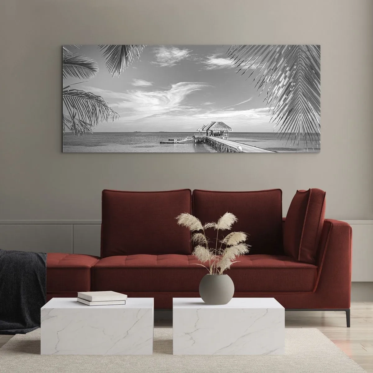 Cuadro sobre vidrio - Impresiones sobre Vidrio - Playa blanca y negra con muelle y palmeras en una costa tropical - 120x50cm - ¿Un recuerdo o un sueño? - Decoración de pared moderna para salón y dormitorio ARTTOR