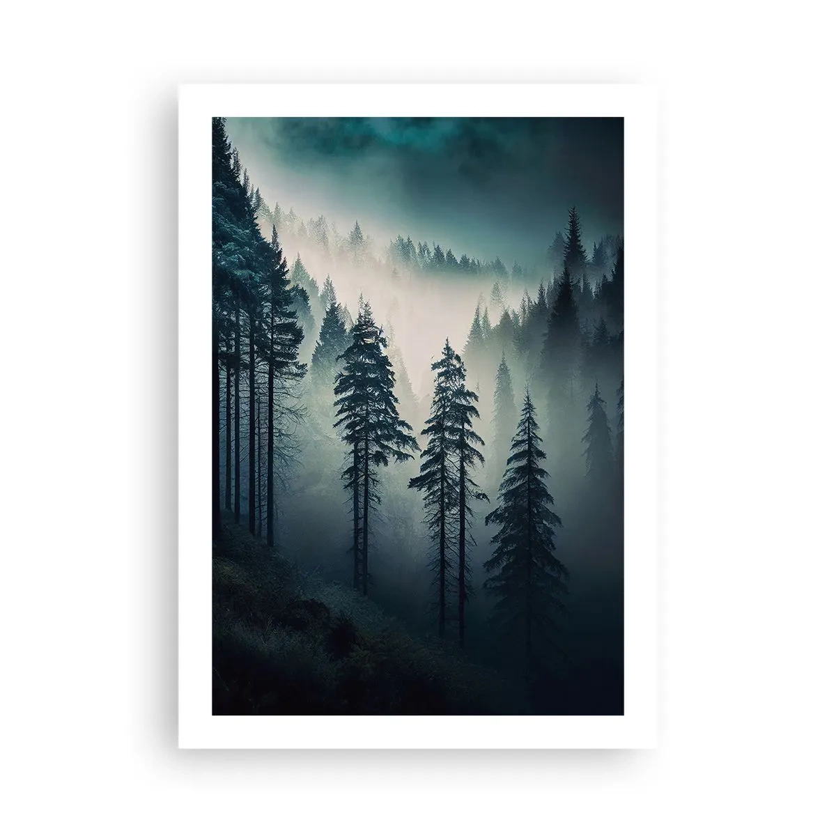 Póster - Un bosque oscuro envuelto en niebla. - 50x70cm - Mañana de montaña - Decoración de pared moderna para salón y dormitorio ARTTOR