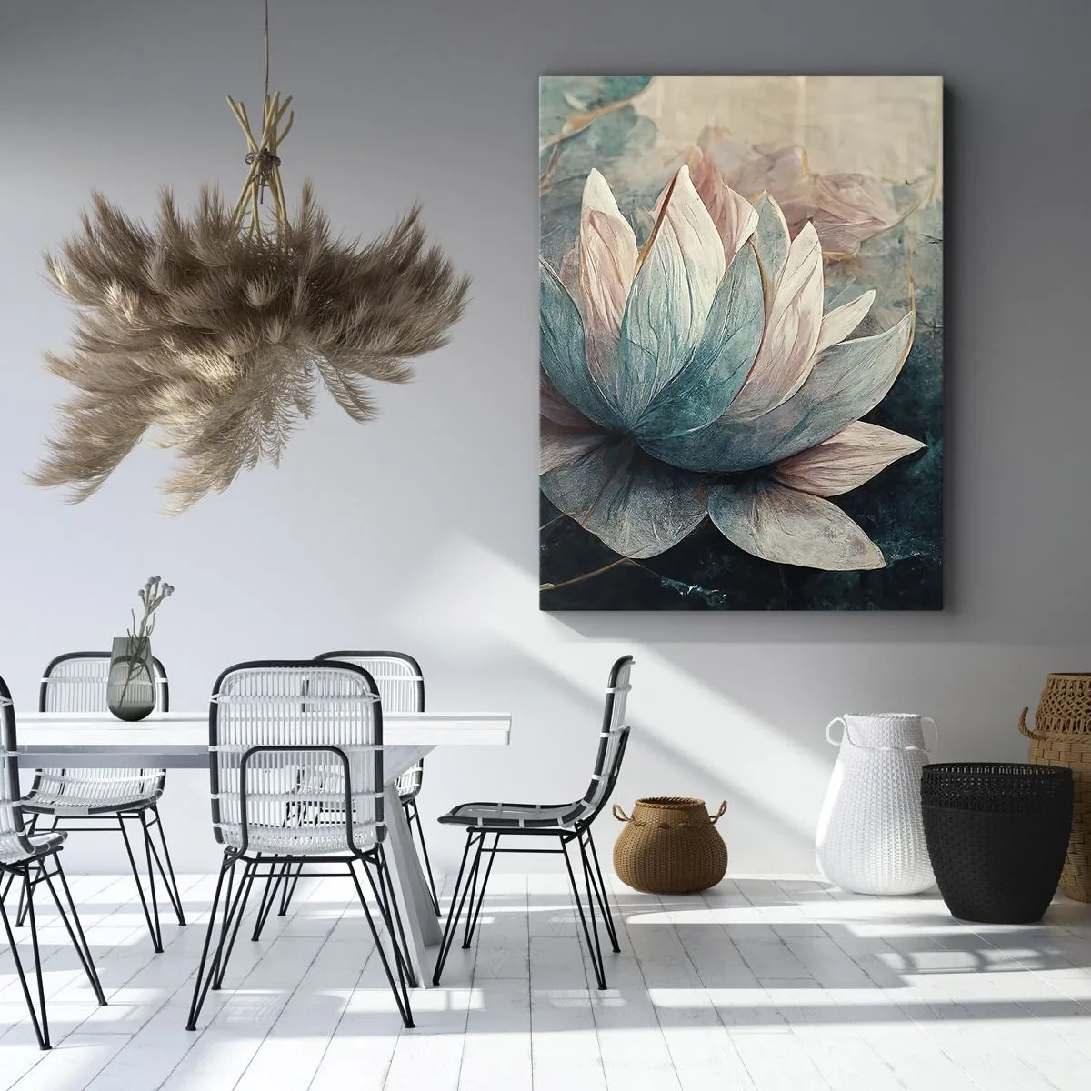 Cuadro sobre lienzo - Impresión de Imagen - Nenúfares sutiles en tonos pastel de azul y dorado. - 50x70cm - Estrellas de lago - Decoración de pared moderna para salón y dormitorio ARTTOR