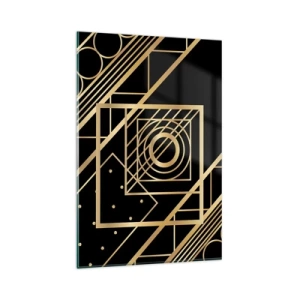 Cuadro sobre vidrio - Impresiones sobre Vidrio - Patrones geométricos dorados sobre un fondo negro - 80x120cm - Geometría dorada - Decoración de pared moderna para salón y dormitorio ARTTOR