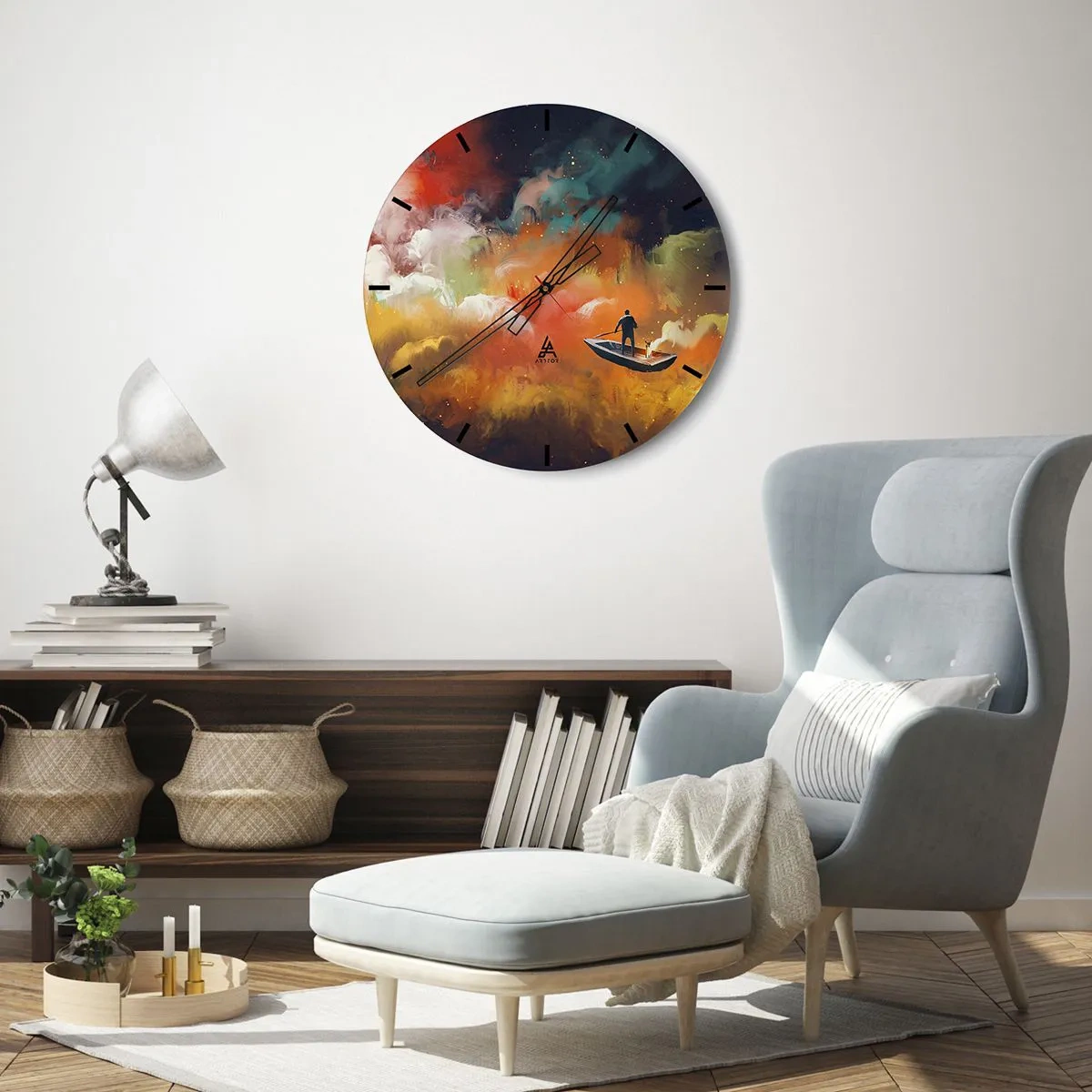 Reloj de pared - Reloj de vidrio - Una figura en un barco en un paisaje surrealista y colorido. - 30x30cm - En barco por la galaxia - Decoración de pared moderna para salón, cocina y dormitorio ARTTOR