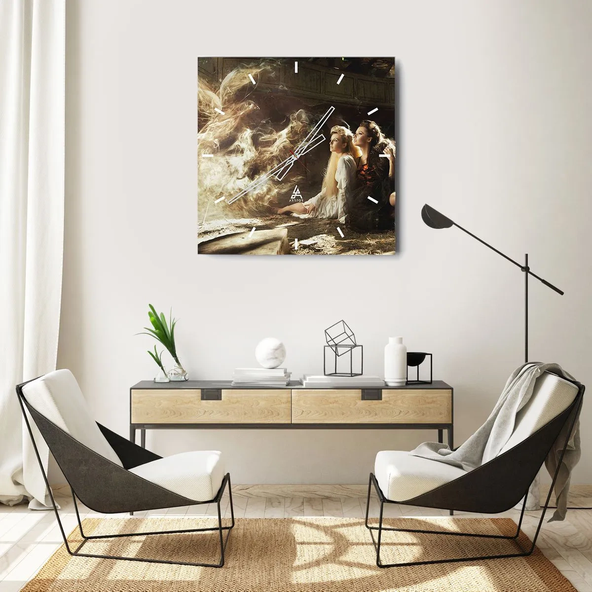 Reloj de pared - Reloj de vidrio - Dos mujeres en un entorno mágico con efectos de iluminación etéreos. - 30x30cm - Y hubo poesía - Decoración de pared moderna para salón y dormitorio ARTTOR