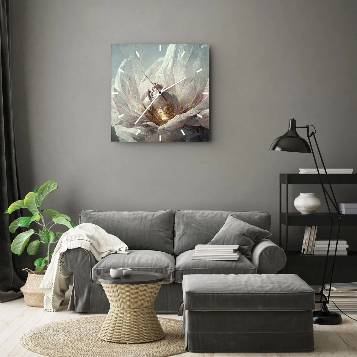 Reloj de pared - Reloj de vidrio - Una delicada flor blanca con sutiles acentos dorados. - 30x30cm - Florece una vez cada cien años - Decoración de pared moderna para salón y dormitorio ARTTOR