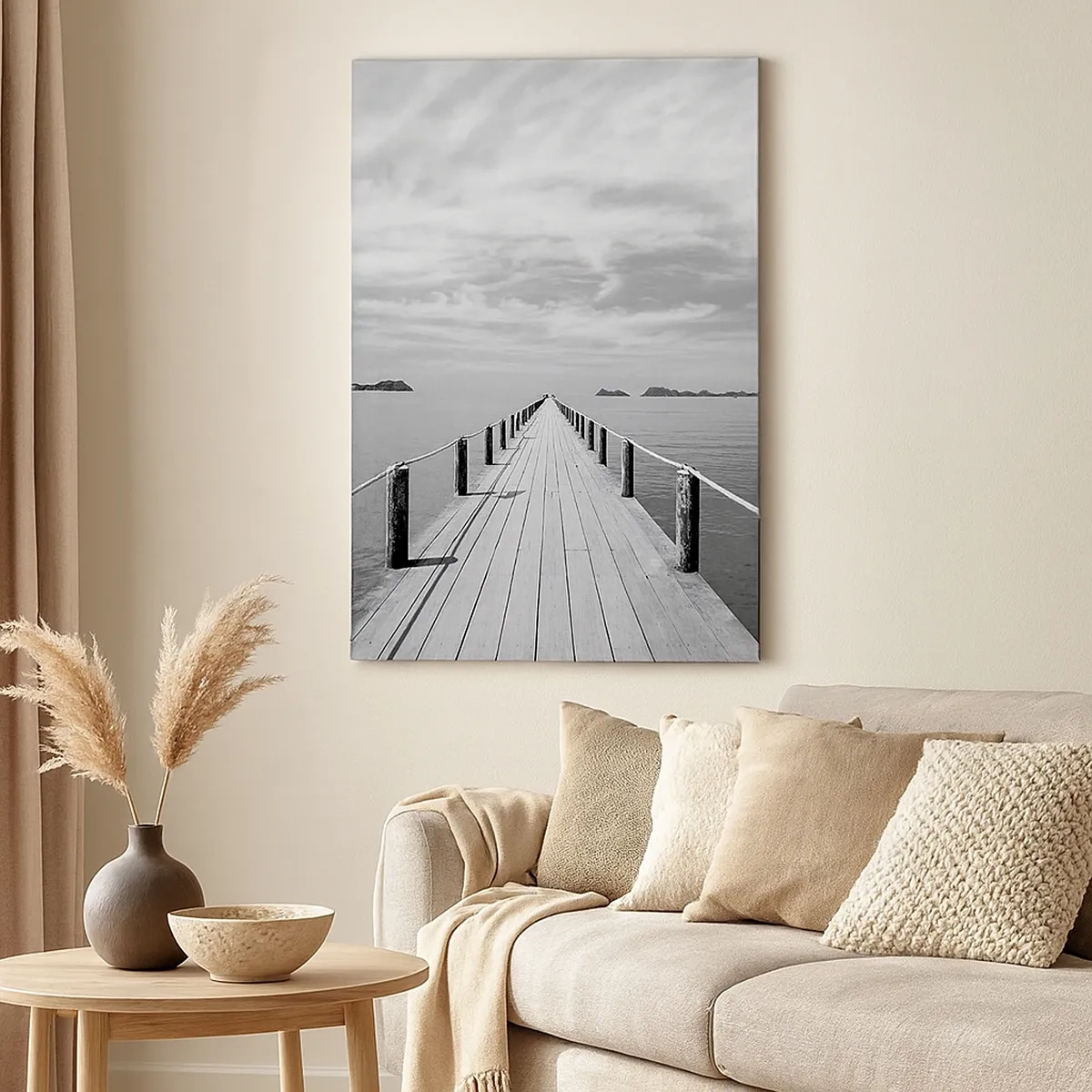 Cuadro sobre lienzo - Impresión de Imagen - Un muelle de madera que se pierde en la distancia sobre un mar en calma. - 50x70cm - Hora de viajar - Decoración de pared moderna para salón y dormitorio ARTTOR