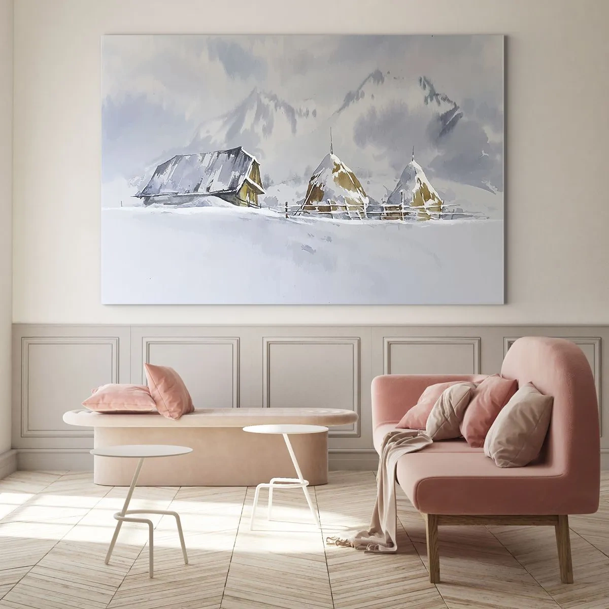 Cuadro sobre vidrio - Impresiones sobre Vidrio - Paisaje invernal con una cabaña y pajares en las montañas - 70x50cm - En un valle nevado - Decoración de pared moderna para salón y dormitorio ARTTOR