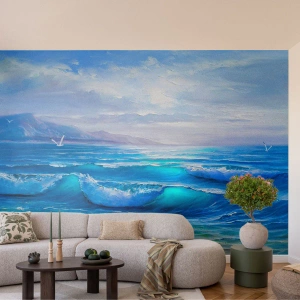 Fotomural Premium Sand - Pintorescas olas del mar y cielo azul. - 100x70cm - Trae consuelo - Decoración de pared moderna para salón y dormitorio ARTTOR