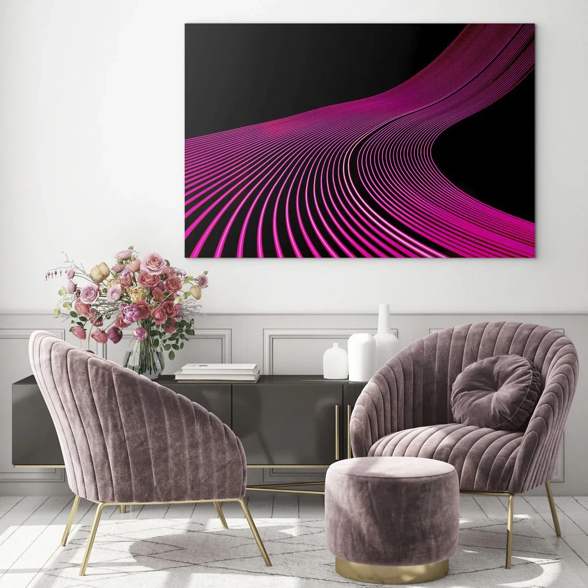 Cuadro sobre vidrio - Impresiones sobre Vidrio - Líneas de luz rosadas sobre un fondo negro - 70x50cm - Avenida de luz - Decoración de pared moderna para salón y dormitorio ARTTOR