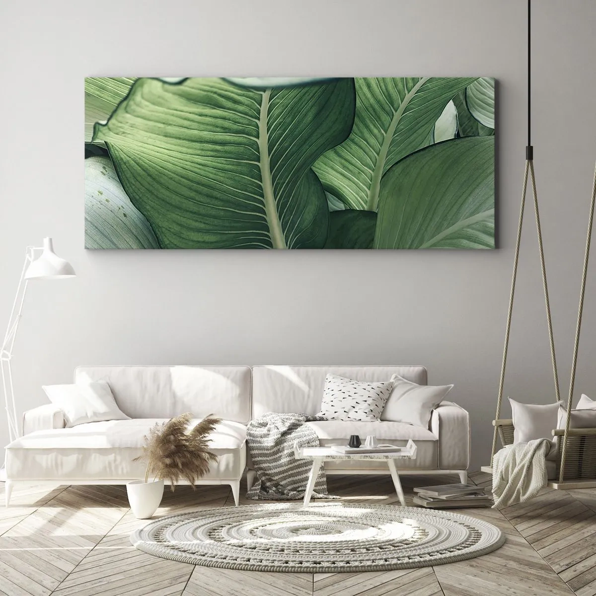 Cuadro sobre lienzo - Impresión de Imagen - Hojas verdes con detalles expresivos y estructura. - 140x50cm - Vida intensamente verde - Decoración de pared moderna para salón y dormitorio ARTTOR