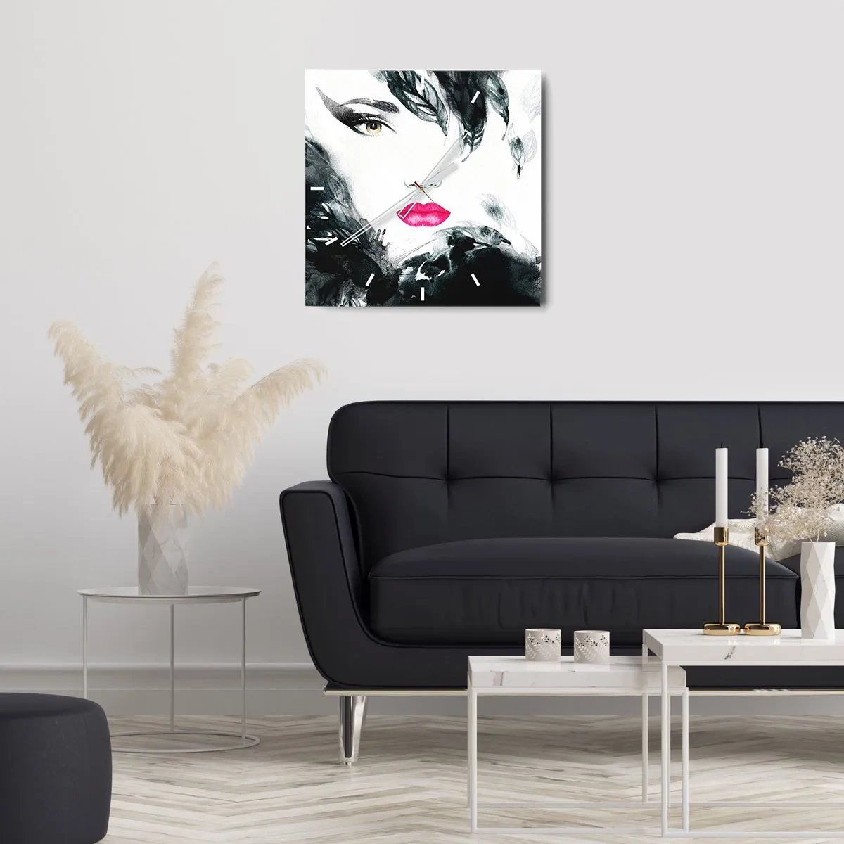 Reloj de pared - Reloj de vidrio - Retrato artístico de una mujer con labios intensamente rosados. - 30x30cm - ¡Cuidado! Femme fatale - Decoración de pared moderna para salón y dormitorio ARTTOR