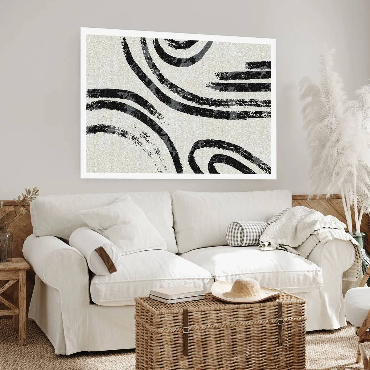 Póster - Líneas abstractas en blanco y negro sobre un fondo claro - 100x70cm - A medias - Decoración de pared moderna para salón y dormitorio ARTTOR