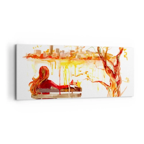 Cuadro sobre lienzo - Impresión de Imagen - Escena de acuarela de una mujer en un banco con vistas a la ciudad. - 120x50cm - Un momento de reflexión - Decoración de pared moderna para salón y dormitorio ARTTOR