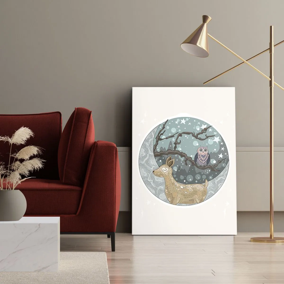 Cuadro sobre lienzo - Impresión de Imagen - Un ciervo y un búho en un paisaje nocturno de cuento de hadas. - 80x120cm - Noche de bosque de cuento de hadas - Decoración de pared moderna para salón y dormitorio ARTTOR