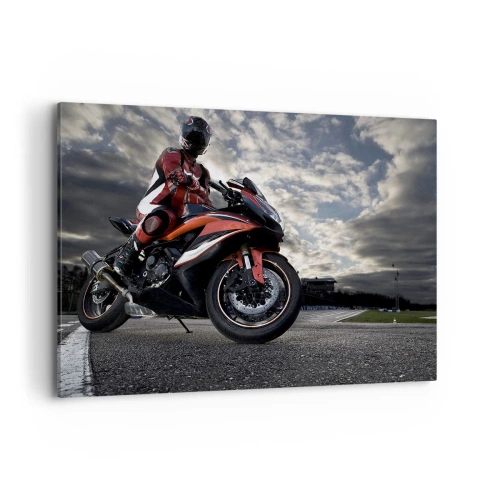 Cuadro sobre lienzo - Impresión de Imagen - Un motociclista en una motocicleta deportiva contra un cielo nublado. - 100x70cm - Motorista oscuro - Decoración de pared moderna para salón y dormitorio ARTTOR