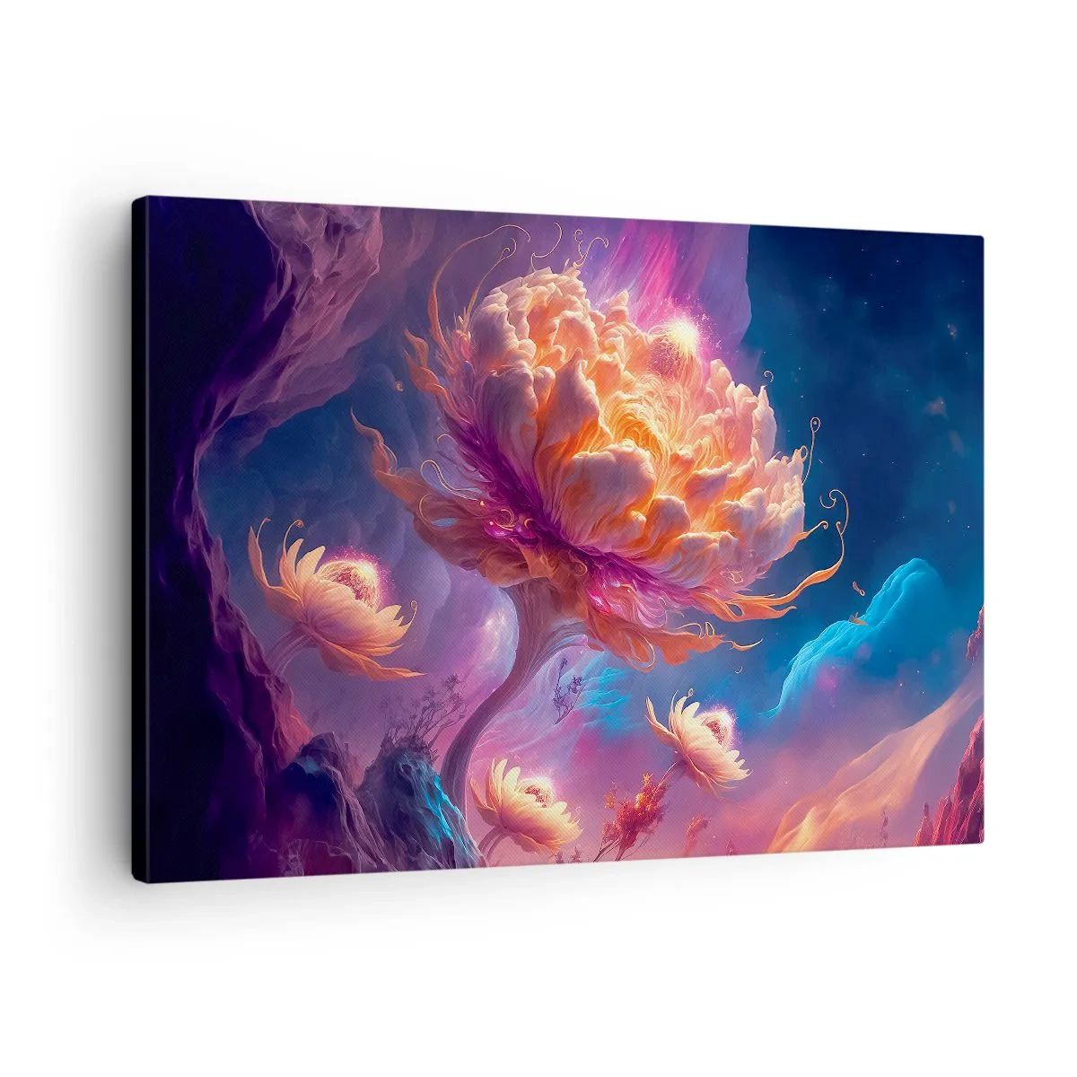 Cuadro sobre lienzo - Impresión de Imagen - Flores de fantasía en un paisaje cósmico. - 70x50cm - Otro mundo - Decoración de pared moderna para salón y dormitorio ARTTOR