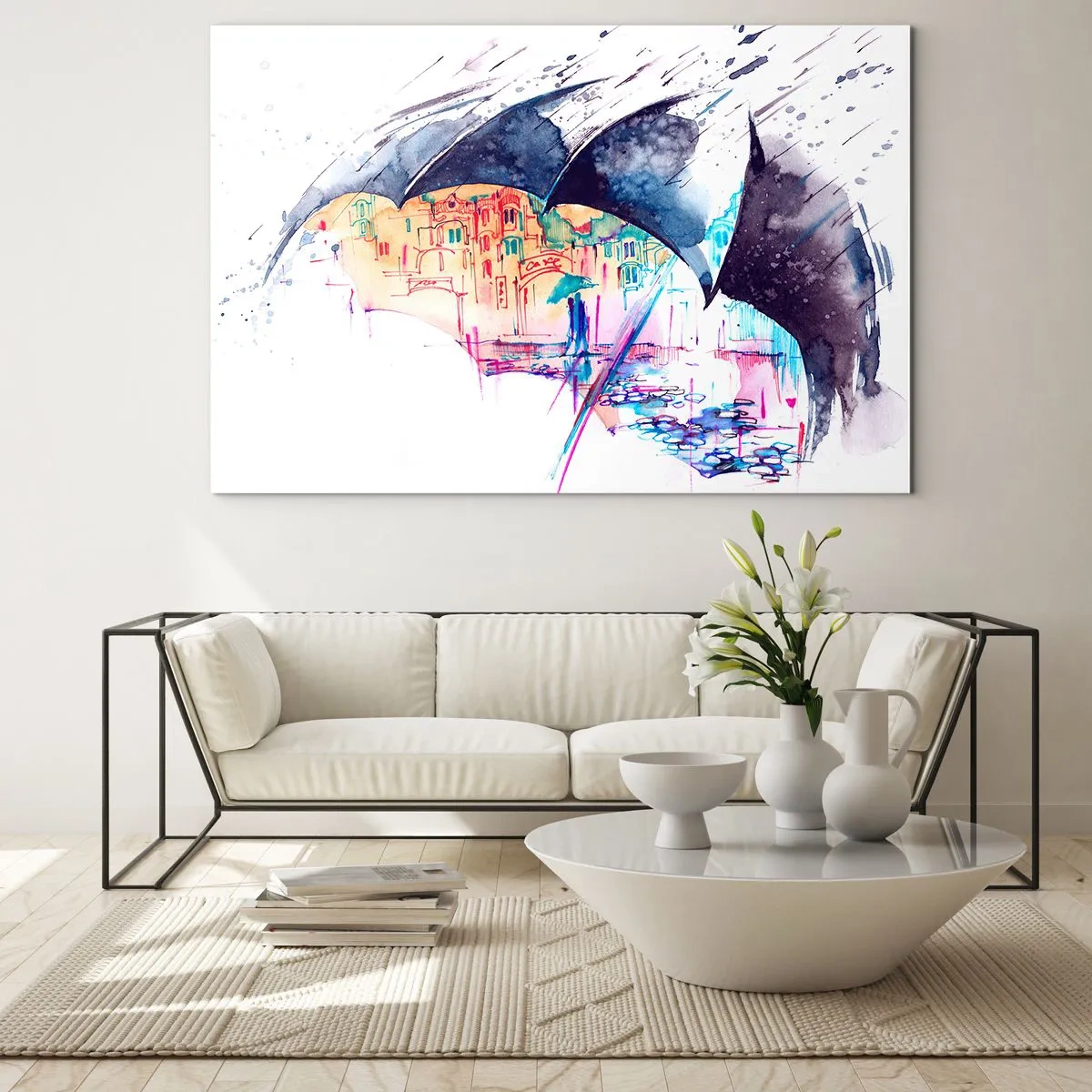 Cuadro sobre vidrio - Impresiones sobre Vidrio - Una ciudad colorida al fondo bajo un paraguas negro. - 70x50cm - Caminando bajo la lluvia - Decoración de pared moderna para salón y dormitorio ARTTOR