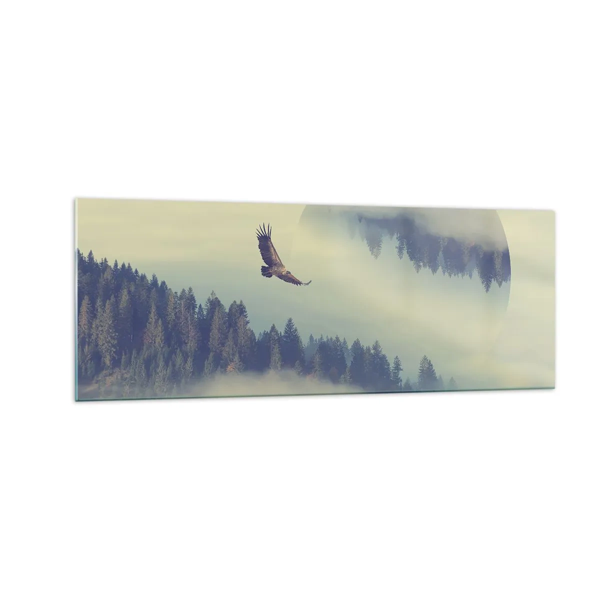 Cuadro sobre vidrio - Impresiones sobre Vidrio - Un águila en vuelo con un telón de fondo de montañas brumosas con un motivo circular artístico. - 140x50cm - Vi la sombra de un águila - Decoración de pared moderna para salón y dormitorio ARTTOR