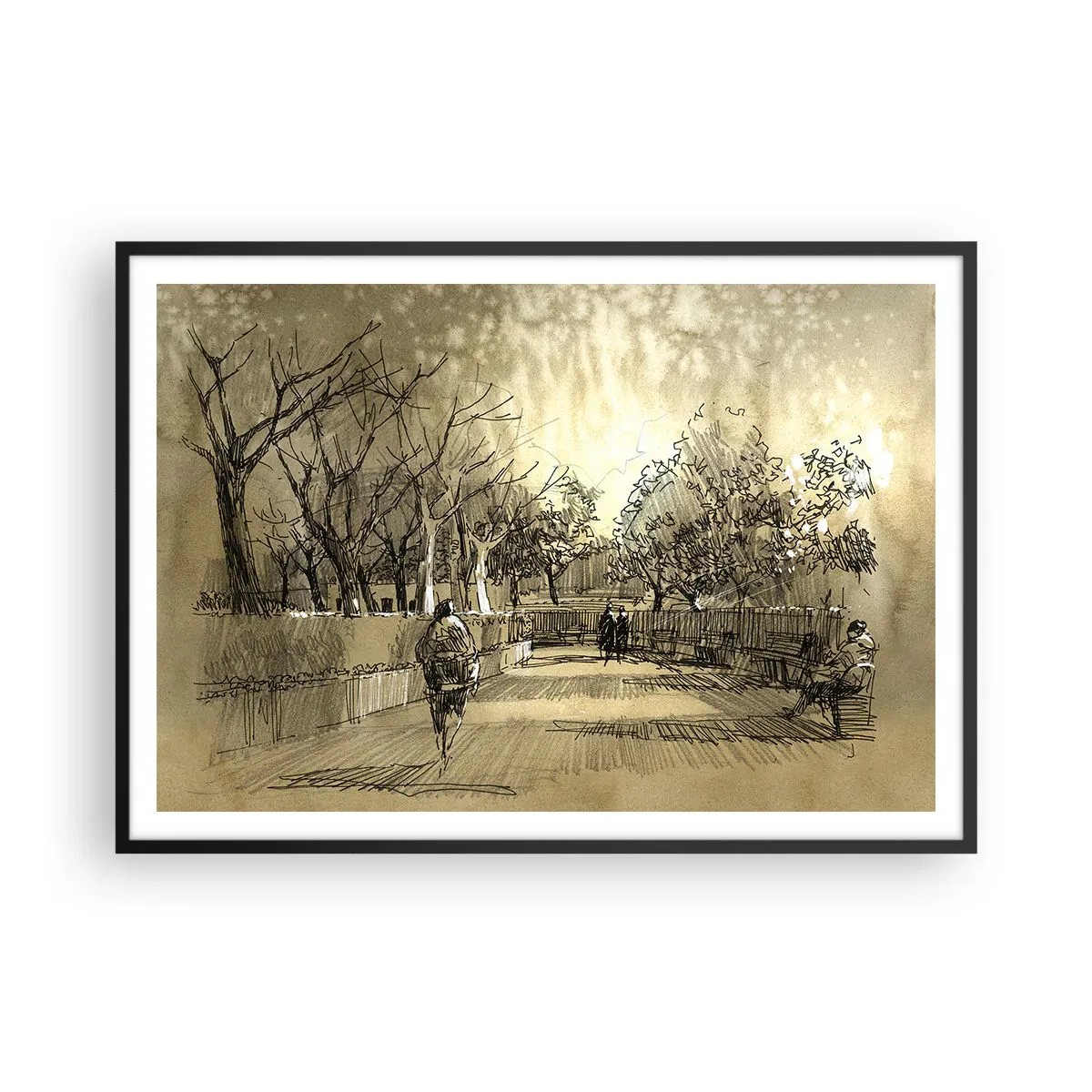 Póster en marco negro - Una escena de dibujos animados de un parque con gente caminando en tonos cálidos. - 100x70cm - Un momento hecho a pluma - Decoración de pared moderna para salón y dormitorio ARTTOR
