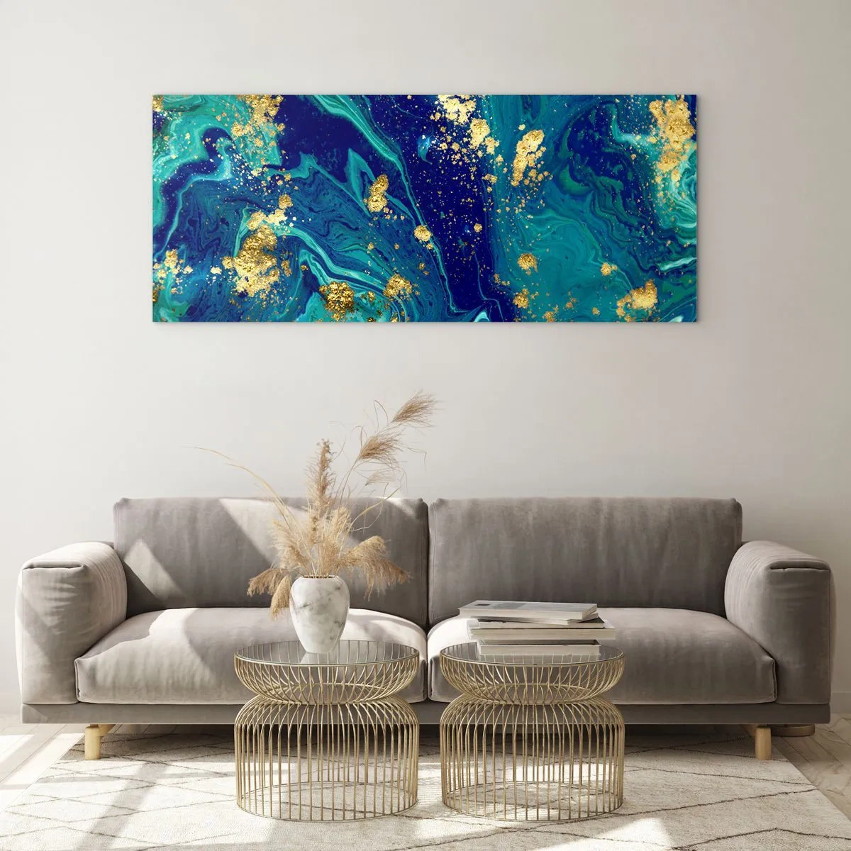 Cuadro sobre vidrio - Impresiones sobre Vidrio - Una composición abstracta con acentos azules, verdes y dorados. - 140x50cm - Pétalos de sol - Decoración de pared moderna para salón y dormitorio ARTTOR