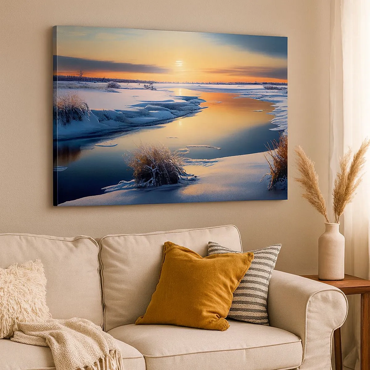 Cuadro sobre lienzo - Impresión de Imagen - Paisaje invernal con un río al atardecer - 70x50cm - Atardecer de invierno - Decoración de pared moderna para salón y dormitorio ARTTOR