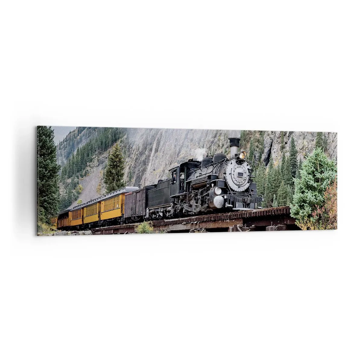 Cuadro sobre lienzo - Impresión de Imagen - Una locomotora de vapor en un puente en un pintoresco paisaje montañoso. - 160x50cm - ¿Adónde me llevas? - Decoración de pared moderna para salón y dormitorio ARTTOR