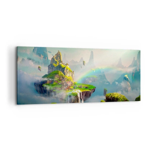 Cuadro sobre lienzo - Impresión de Imagen - Islas voladoras entre las nubes con un arcoíris en el horizonte. - 120x50cm - El medio de la nada - islas flotantes - Decoración de pared moderna para salón y dormitorio ARTTOR