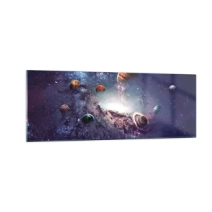 Cuadro sobre vidrio - Impresiones sobre Vidrio - Planetas en una galaxia con una nebulosa al fondo - 140x50cm - La danza alrededor del Sol - Decoración de pared moderna para salón y dormitorio ARTTOR