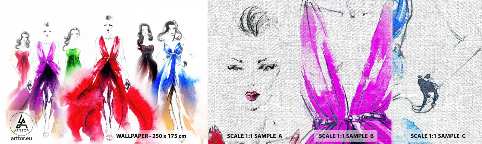 Muestra de fotomural Premium Canvas - Momento elegante - Desfile de moda, Mujer, Vestido - 100x30 cm