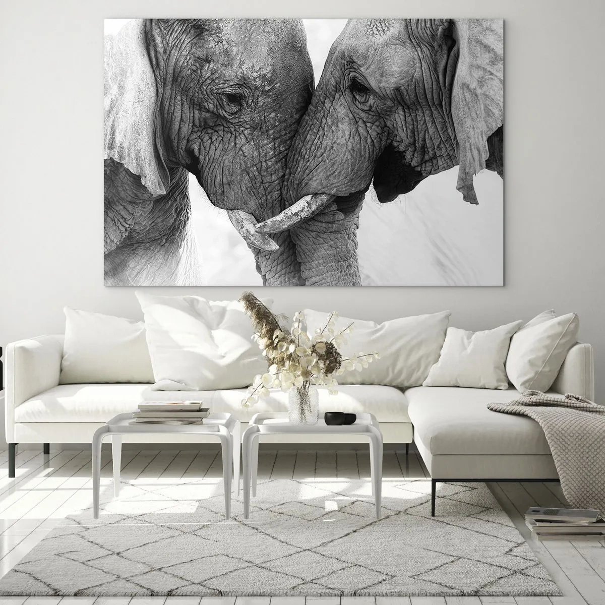 Cuadro sobre vidrio - Impresiones sobre Vidrio - Dos elefantes tocándose la frente en blanco y negro - 70x50cm - Una confesión sincera - Decoración de pared moderna para salón y dormitorio ARTTOR