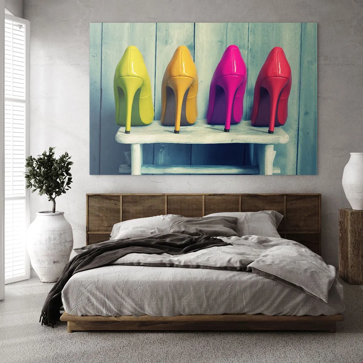 Cuadro sobre vidrio - Impresiones sobre Vidrio - Cuatro alfileres de colores dispuestos en un banco de madera. - 100x70cm - Caminando sobre un arco iris - Decoración de pared moderna para salón y dormitorio ARTTOR