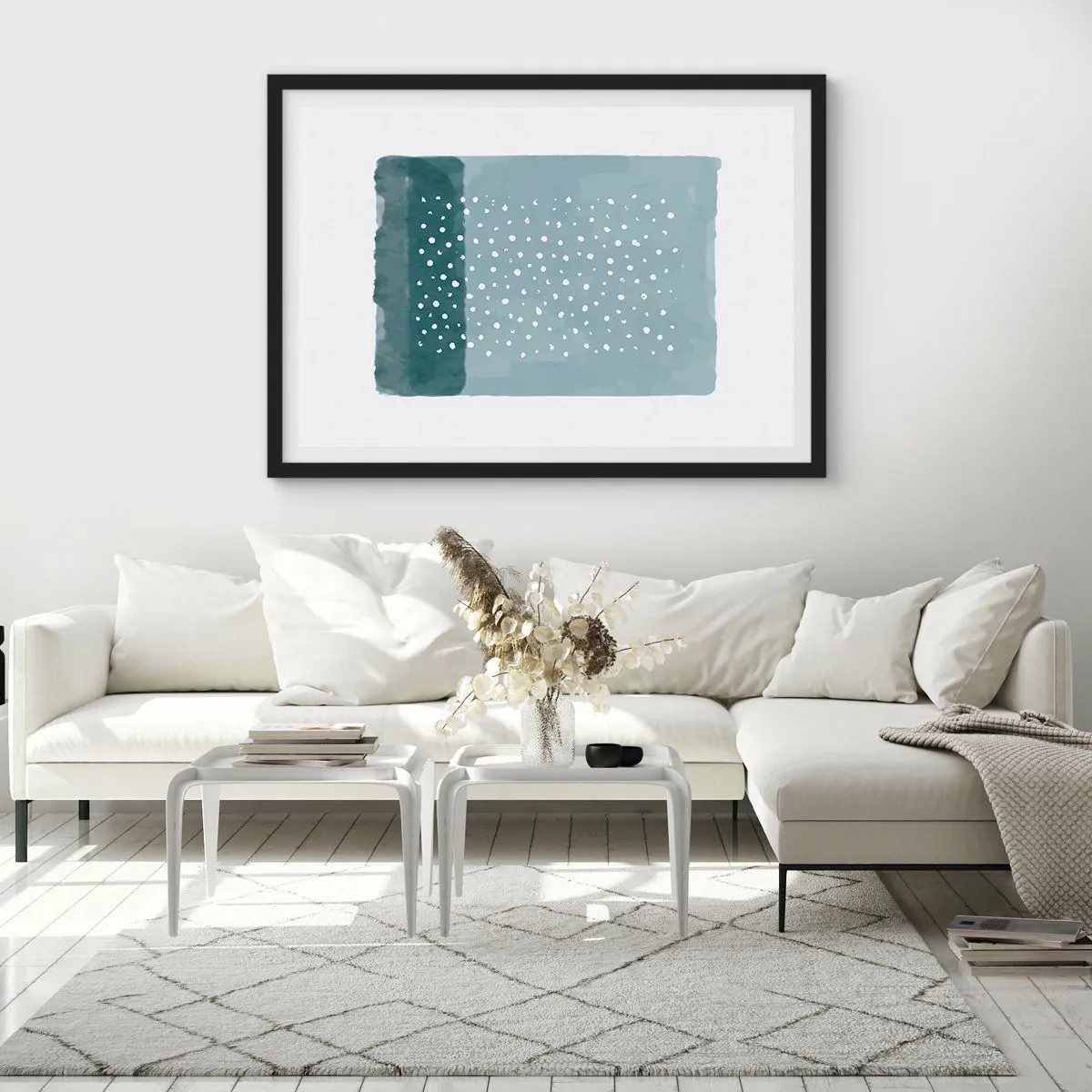 Póster en marco negro - Una pintura minimalista en tonos azules con puntos. - 100x70cm - Creación sobre azul - Decoración de pared moderna para salón y dormitorio ARTTOR