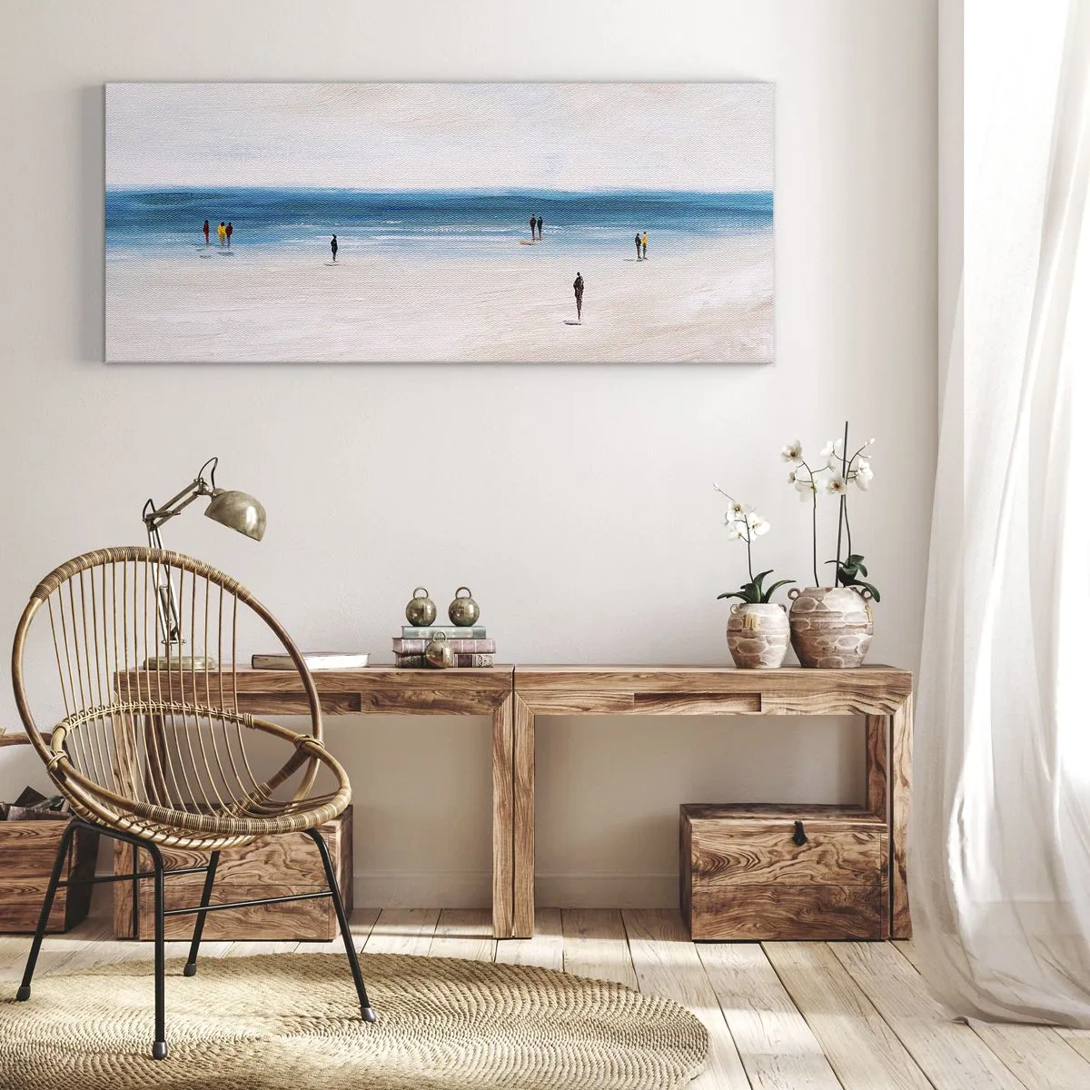 Cuadro sobre lienzo - Impresión de Imagen - Una playa con gente con el mar en calma como telón de fondo. - 120x50cm - Necesidad natural - Decoración de pared moderna para salón y dormitorio ARTTOR