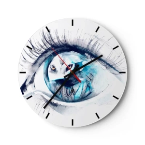 Reloj de pared - Reloj de vidrio - Motivo artístico de ojo de lobo en tonos azules y blancos. - 30x30cm - Ojo con la naturaleza - Decoración de pared moderna para salón, cocina y dormitorio ARTTOR