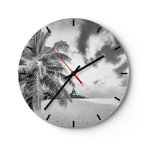 Reloj de pared - Reloj de vidrio - Playa con palmeras en blanco y negro - 30x30cm - Anhelo de soledad.... - Decoración de pared moderna para salón, cocina y dormitorio ARTTOR