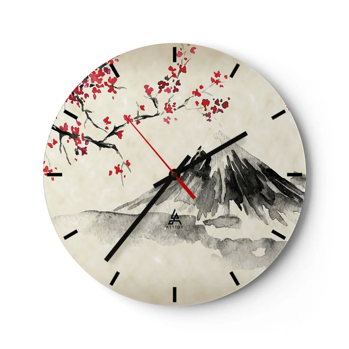 Reloj de pared - Reloj de vidrio - Pintura tradicional japonesa de acuarela de una montaña y flores de cerezo. - 30x30cm - Enamórate de Japón - Decoración de pared moderna para salón, cocina y dormitorio ARTTOR