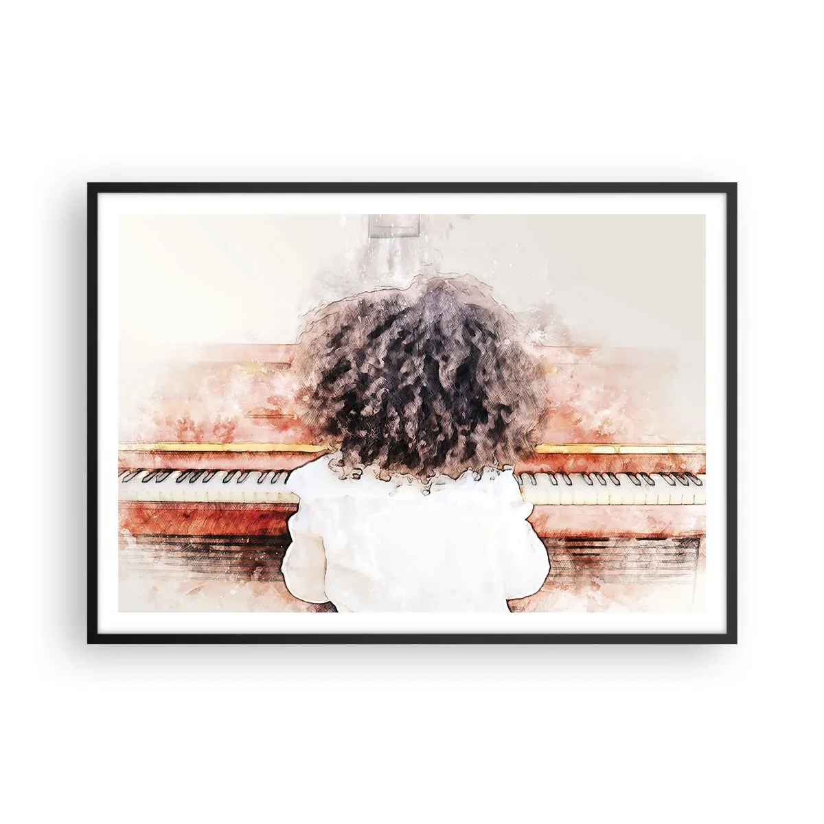 Póster en marco negro - Una chica con cabello tupido al piano - 100x70cm - Descubriendo un mundo nuevo - Decoración de pared moderna para salón y dormitorio ARTTOR