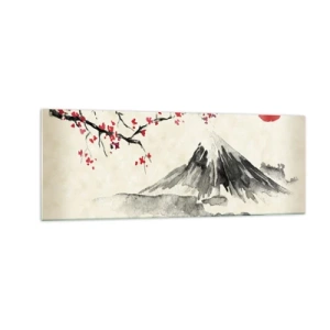 Cuadro sobre vidrio - Impresiones sobre Vidrio - Un paisaje pintoresco con una montaña, cerezos en flor y sol. - 140x50cm - Enamórate de Japón - Decoración de pared moderna para salón y dormitorio ARTTOR