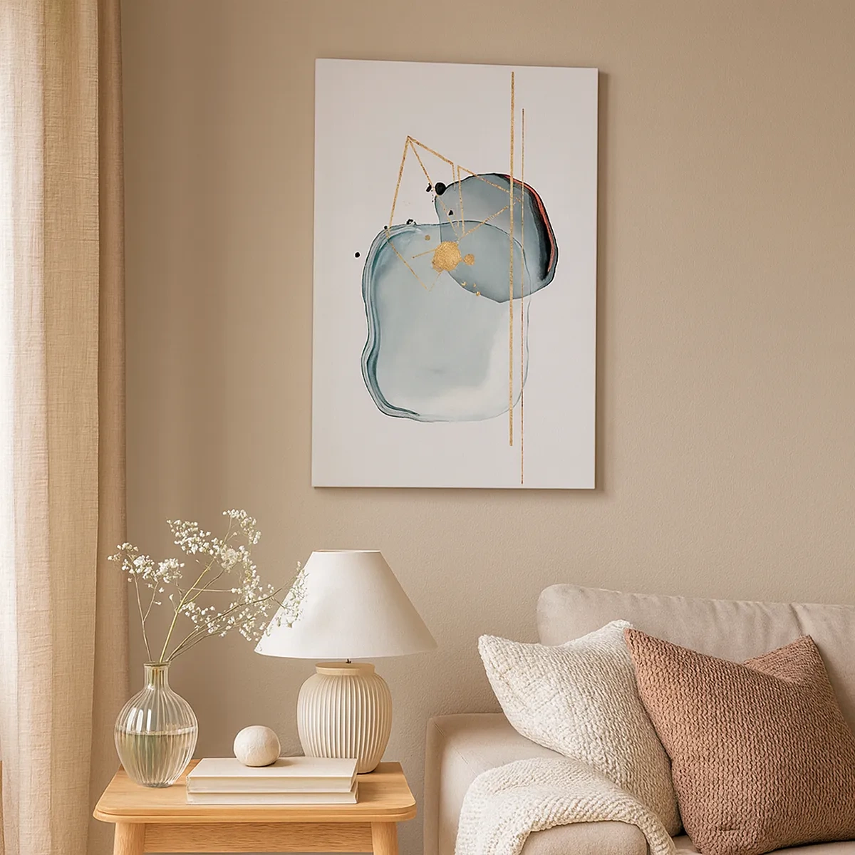 Cuadro sobre lienzo - Impresión de Imagen - Formas abstractas en tonos azules y dorados sobre un fondo blanco. - 50x70cm - Un estudio de gotas - Decoración de pared moderna para salón y dormitorio ARTTOR