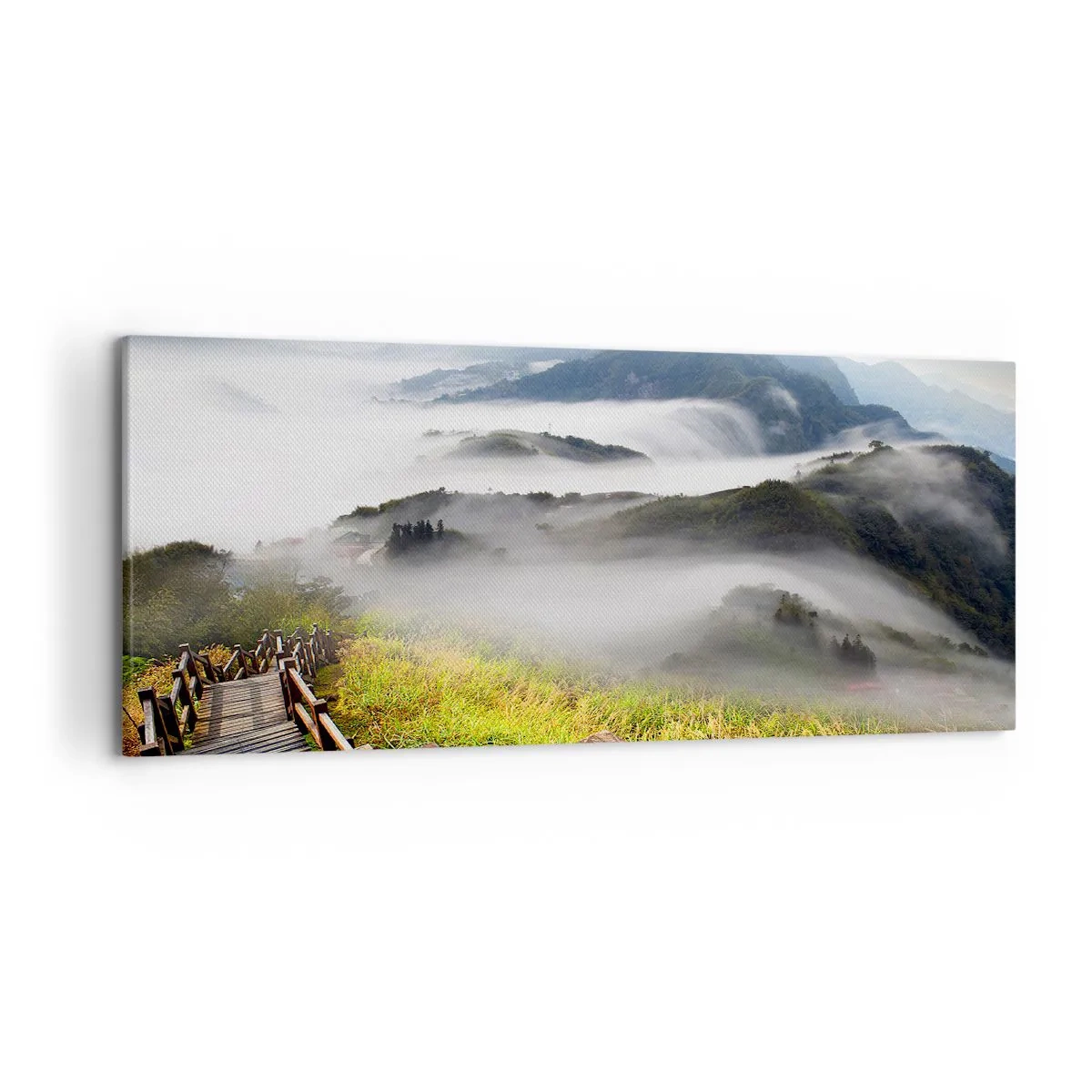 Cuadro sobre lienzo - Impresión de Imagen - Un sendero de madera entre las montañas brumosas por la mañana. - 120x50cm - Tejido de resplandor y niebla - Decoración de pared moderna para salón y dormitorio ARTTOR